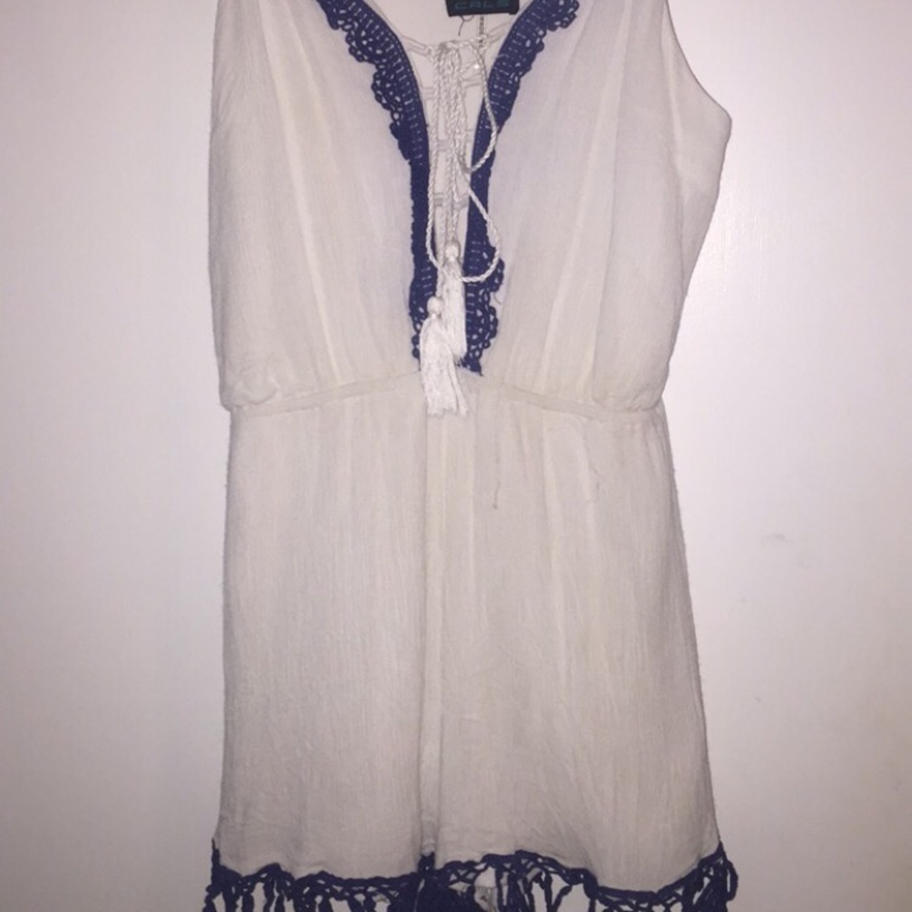 WHITE ROMPER WITH BLUE DETAILING